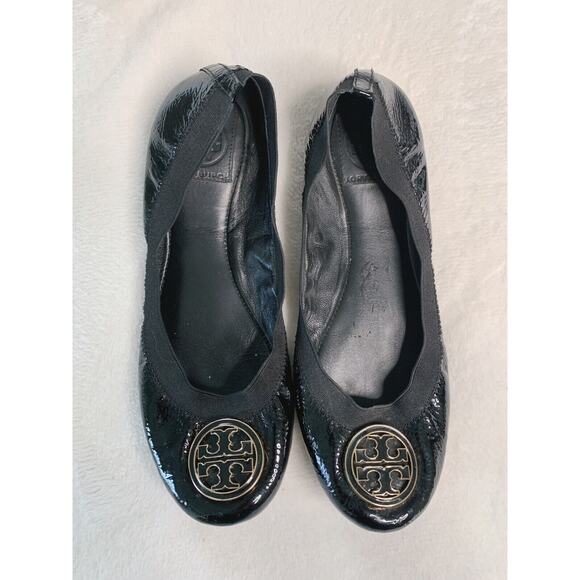 Tory Burch Womens Ballet Flats size 8 M Black Patent Leather Gold Caroline - Picture 1 of 8